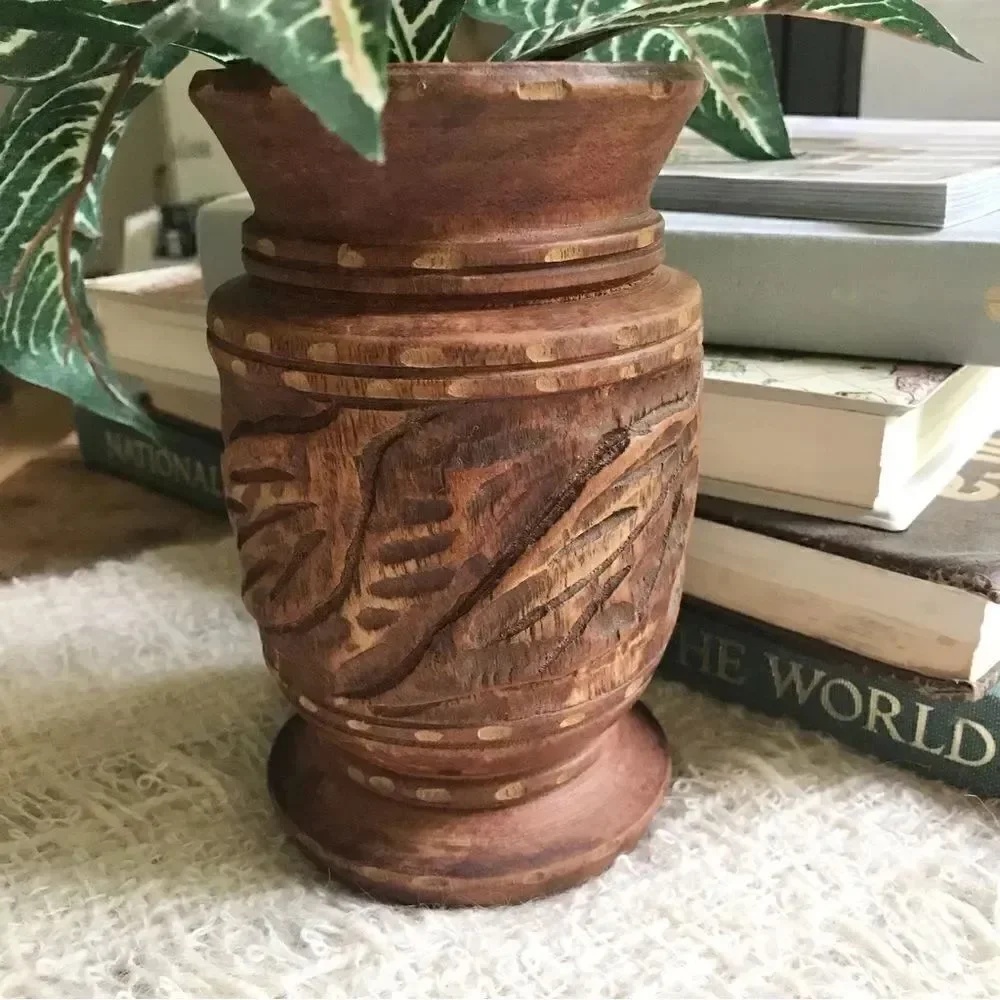 Wood Hand Carved Brown Turned Pedestal  Vase